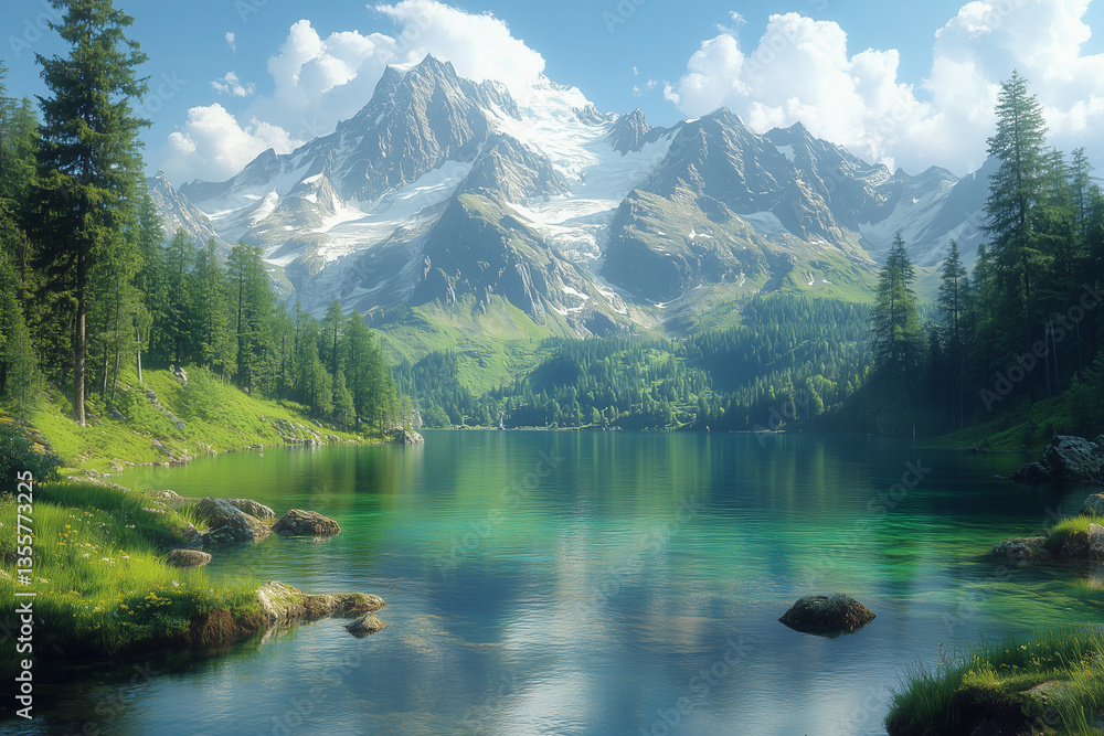 Clear Mountain Lake Surrounded by Lush Greenery Clear Mountain Lake Surrounded by Lush Greenery