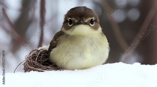 Adorable Fluffy Bird in Snowy Nest: A Winter Wildlife Close-up