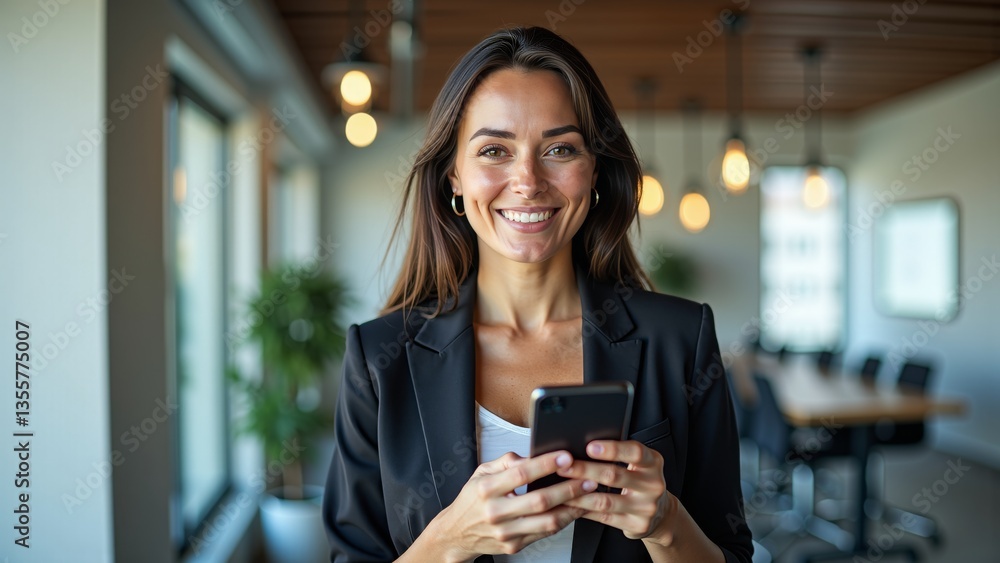 A professional woman in a modern office setting, smiling while using her phone. A professional woman in a modern office setting, smiling while using her phone.