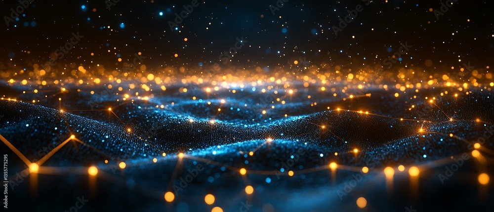Fototapeta premium Glowing points of light connected over a dark blue surface