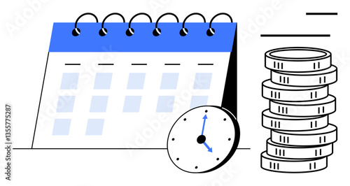 Desk calendar, analog clock, and stacked coins emphasize time tracking, planning, and monetary savings. Ideal for productivity, efficiency, deadlines, budgeting corporate strategy time value flat
