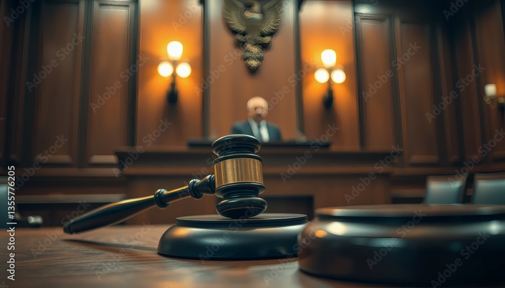 Courtroom Justice Scene with Judge and Gavel During an Important Trial Procedure Courtroom Justice Scene with Judge and Gavel During an Important Trial Procedure
