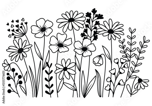 Hand drawn flower meadow Style vector illustration, Wild flower outline drawing, Botanical flowers and leaf herbs isolated on white Background, Invitation, Wedding card, Greeting card, Posster.