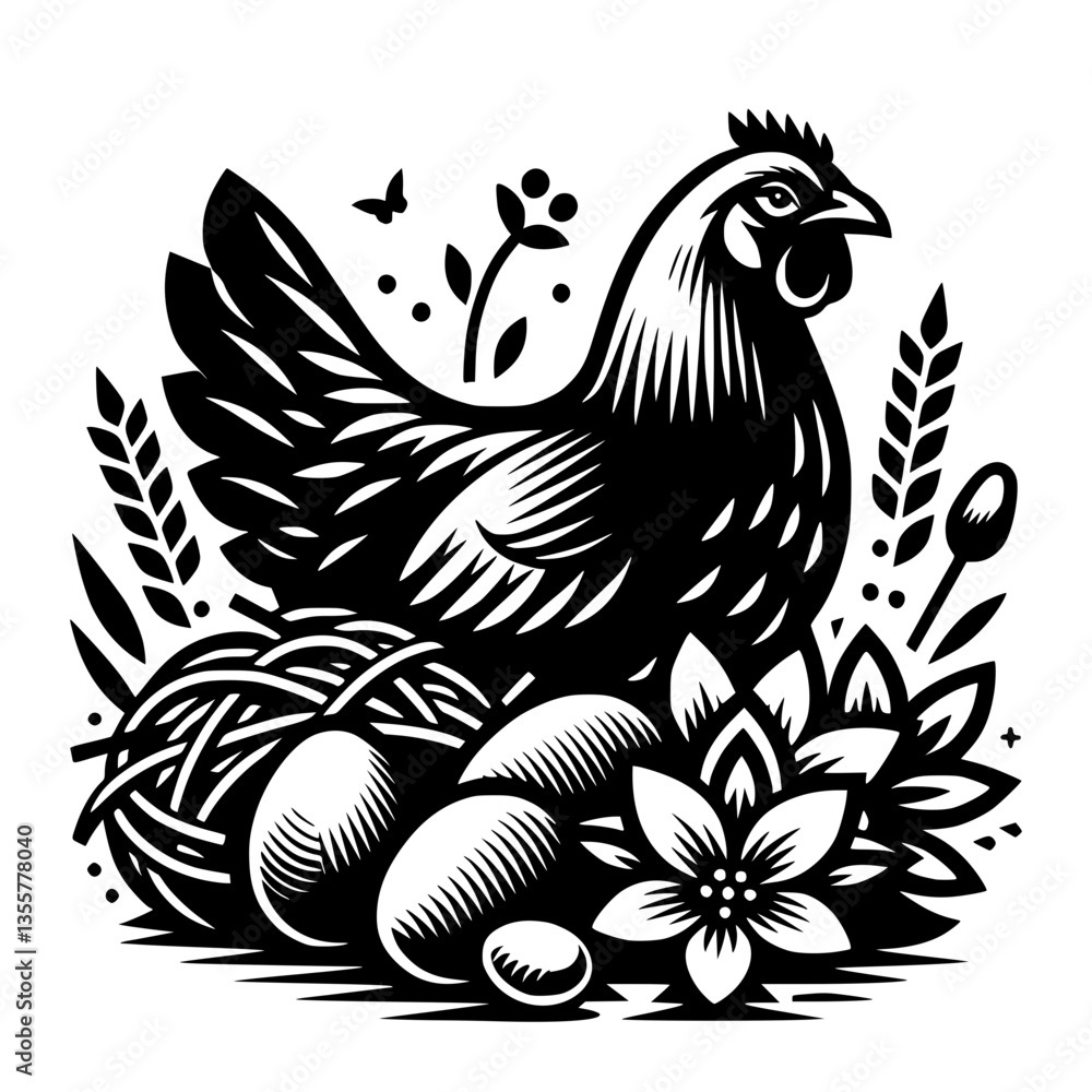 Obraz premium Hen Chicken Eggs Chick Straw Hays Logo Graphic Silhouette Shape Clipart Digital Art Illustration