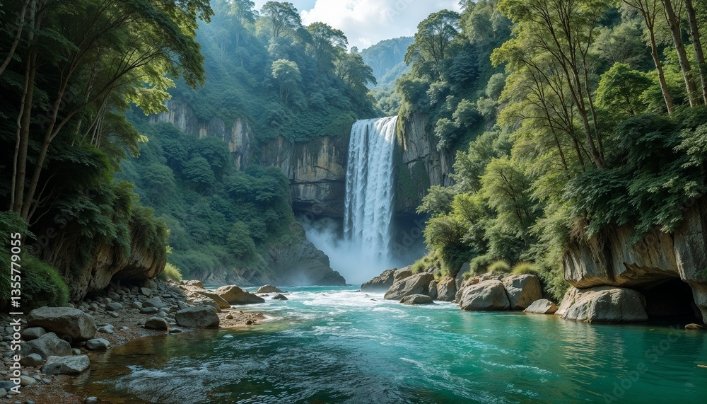 Fototapeta premium Stunning waterfall in a lush green forest, tranquil and inviting, cascading into a clear river 