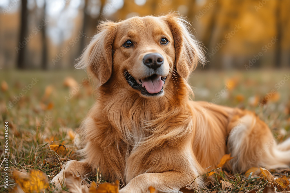 Golden Retriever Dog Smiling in Autumn Field Golden Retriever Dog Smiling in Autumn Field
