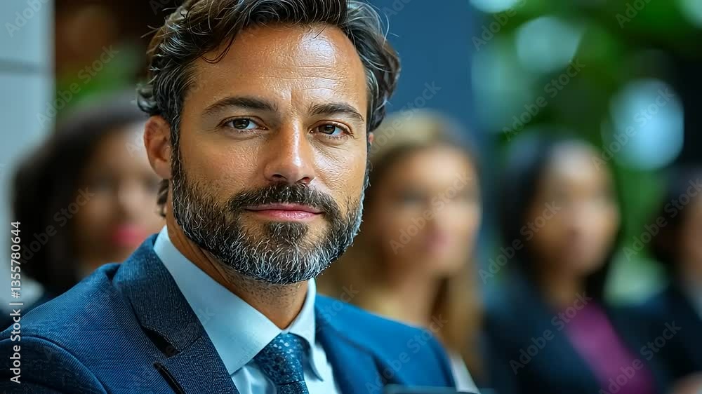 Professional man in a suit engaged in a conference with attentive audience in background Professional man in a suit engaged in a conference with attentive audience in background