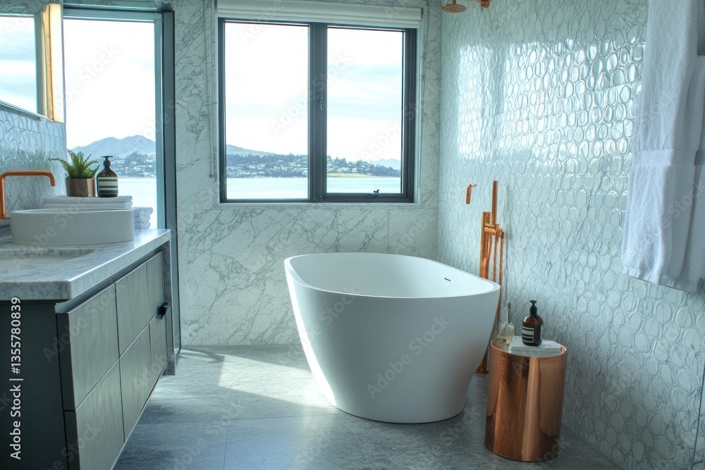 Fototapeta premium Modern Coastal Bathroom with Ocean View