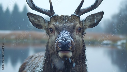 A majestic deer is facing the camera during a snowfall