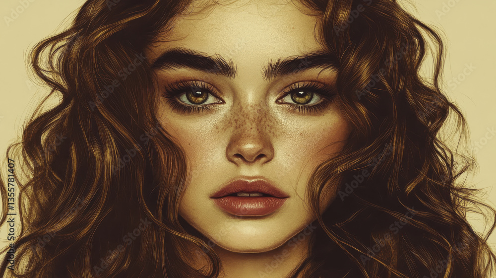 Curly haired woman with freckles and intense gaze Curly haired woman with freckles and intense gaze