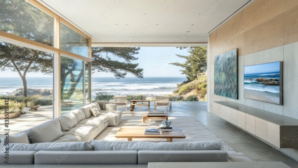 Fototapeta premium Modern Coastal Living Room, Ocean View, Large Windows, Artwork