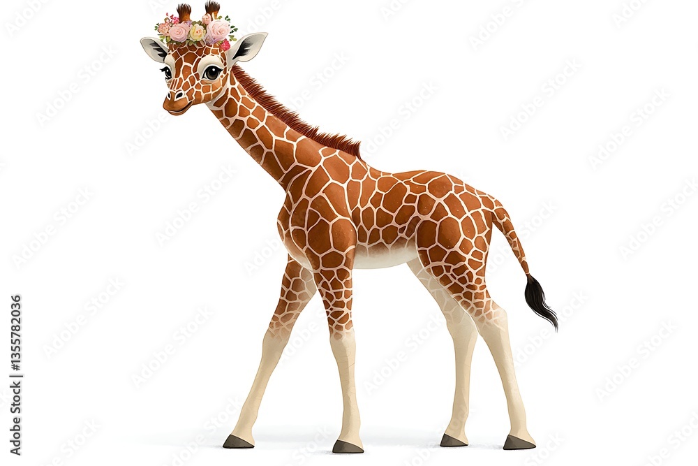 Fototapeta premium Cute Giraffe Flower Crown White Background.