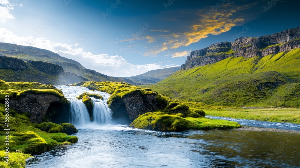 Fototapeta premium Serene Waterfall Landscape Mossy Rocks Golden Hour River