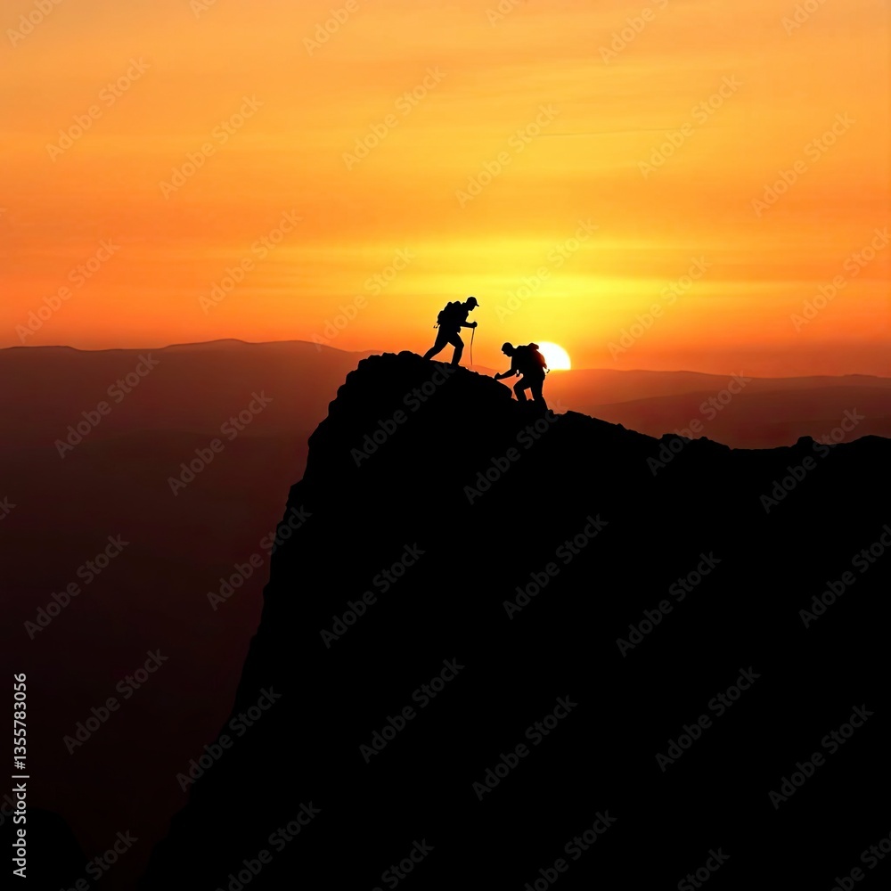 Fototapeta premium Figures climbing a mountain at sunset, their silhouettes dark against the warm sky.