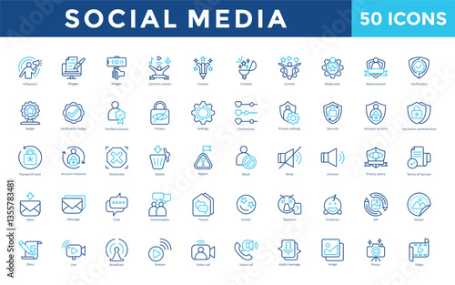 Social Media icon set with influencer, blogger, vlogger, content creator, creator, creative, curator, moderator, administrator, verification icon. Simple outline color vector 
