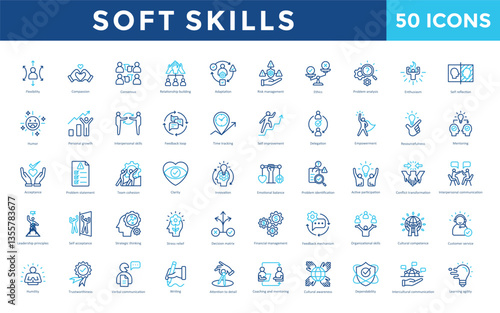 Soft skills icon set with flexibility, compassion, consensus, relationship building, adaptation, risk management, ethics, problem, analysis, enthusiasm icon. Simple outline color vector 
