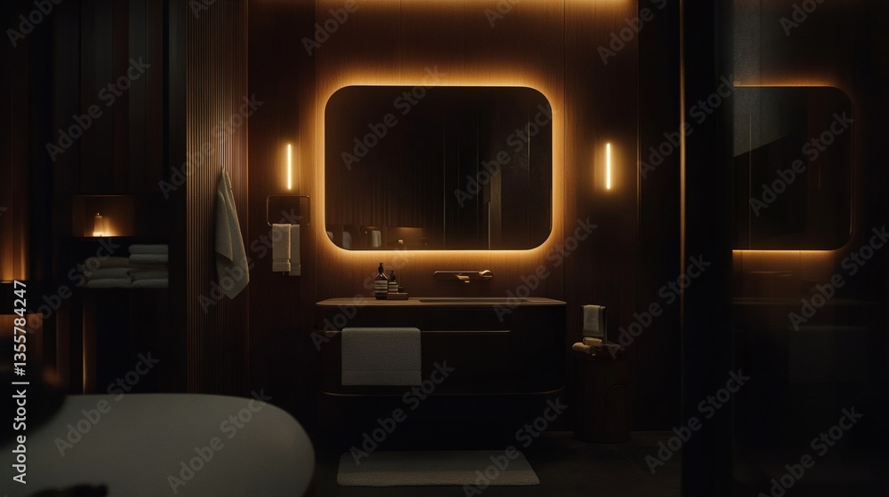 Sophisticated contemporary bathroom with illuminated mirror and rich wood details Sophisticated contemporary bathroom with illuminated mirror and rich wood details