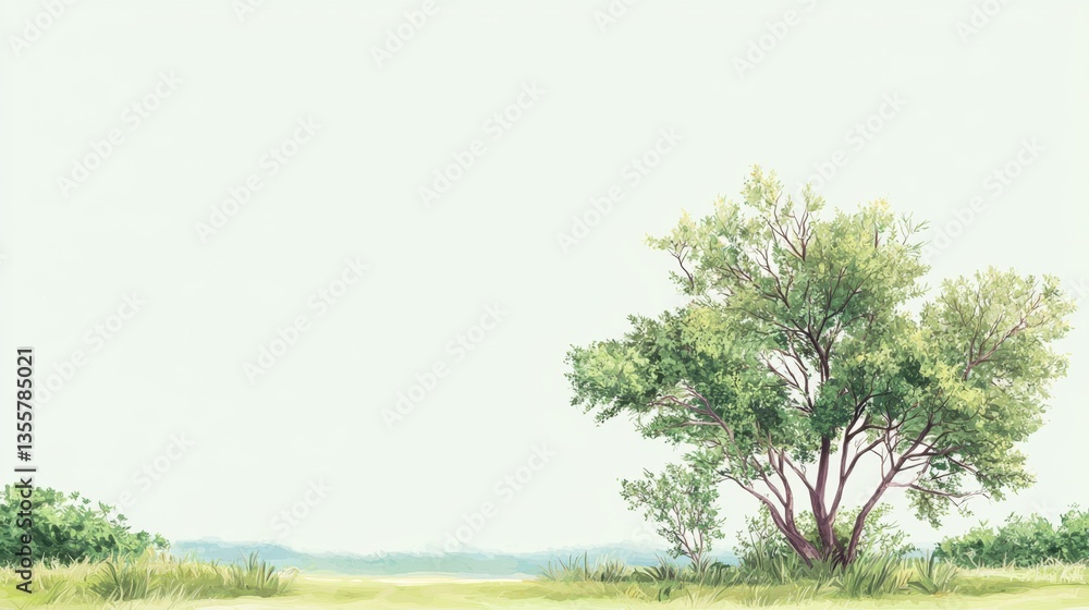 Obraz premium Lush Green Tree in Serene Landscape with Gentle Grass Background