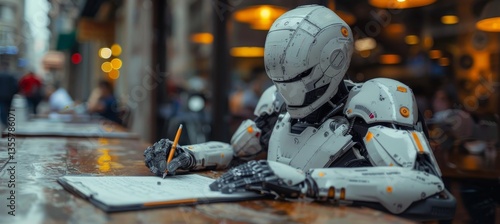 Robot Studying With Pen, Exam Preparation, Futuristic Android Learning, Robotic Student Writing.