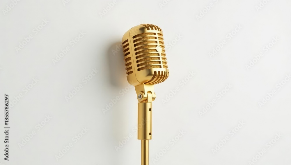 Fototapeta premium Close-up shot of a single, gold microphone isolated on white , isolated, mic, recording