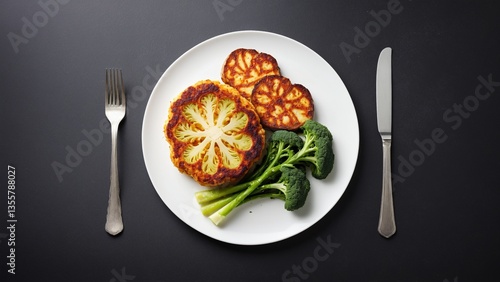 Roasted Cauliflower Steak with Broccoli and Sweet Potato Medallions: A Delicious and Healthy Plant-Based Meal for Dinner.
