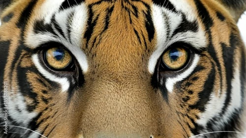 Close-up view of a majestic tiger showcasing its striking eyes and intricate fur patterns in a natural habitat during daylight