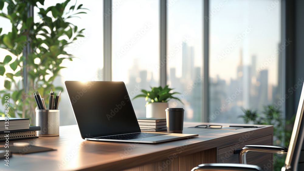 Modern office desk with laptop and plants Modern office desk with laptop and plants
