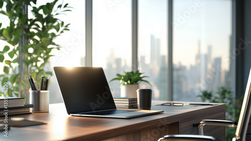 Modern office desk with laptop and plants