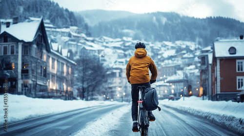 Wallpaper Mural A man in yellow jacket ride a bicycle, the European city of Bergen, Norway. Snow and Winter season Blurred background Torontodigital.ca