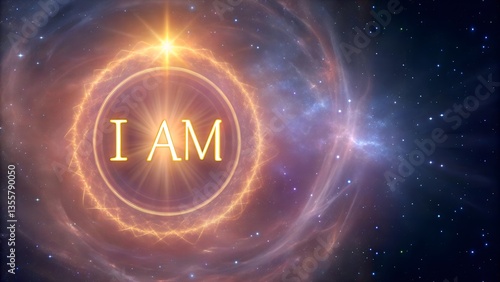 Illuminated I AM text at the heart of a glowing galaxy, representing the journey of self-discovery, universal alignment and spiritual identity