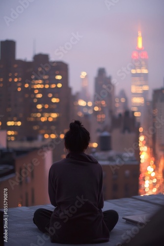 A person sitting quietly on a rooftop, their favorite outfit glowing softly under the city lights. The breeze feels soft and cool