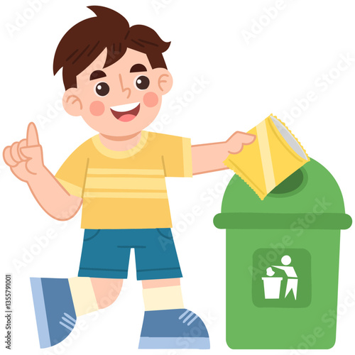 Illustration of boy disposing of waste in green bin