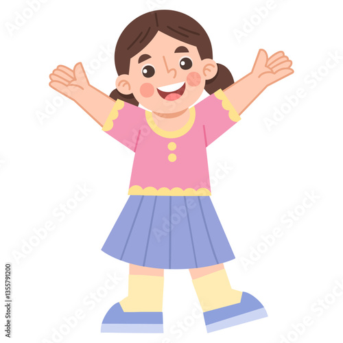 Illustration of Cheerful Cartoon Girl with Arms Raised