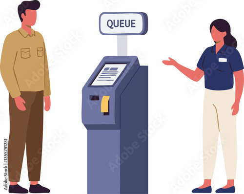 Public service interaction at a self-service kiosk between a civil servant and a female citizen.