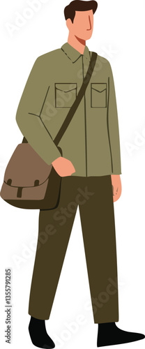 Male civil servant walking confidently with a brown briefcase, wearing official uniform.