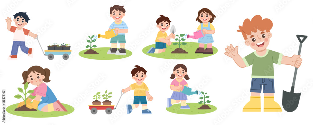 Illustration set of happy children gardening Illustration set of happy children gardening