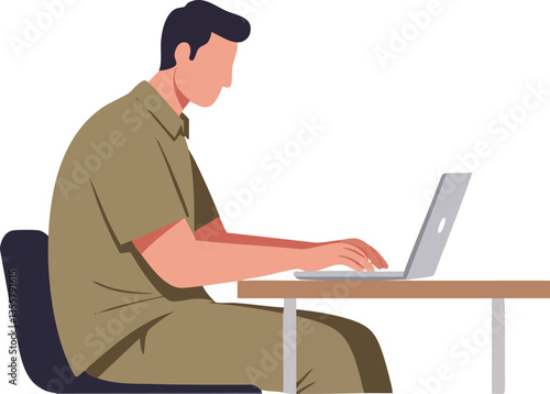 Government employee working seriously on a laptop in office environment.