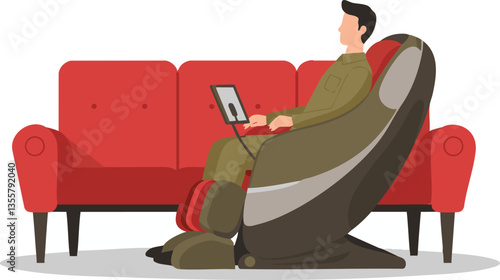 Civil servant working from home, sitting comfortably on a massage chair.