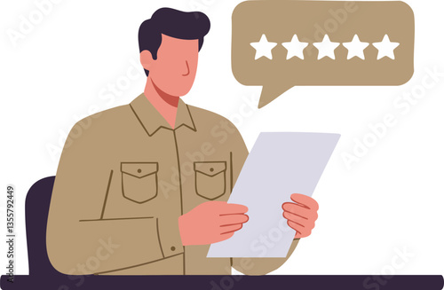 Civil servant happily holding a reviewed document with five-star rating floating above.