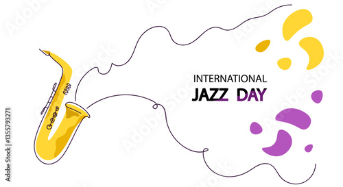International jazz day greeting for music event. Saxophone plays melody for jazz festival, holiday banner for musical show, concert invitation flyer concept. vector line art illustration