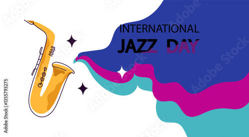 International jazz day greeting for music event. Saxophone plays melody for jazz festival, holiday banner for musical show, concert invitation flyer concept. vector line art illustration