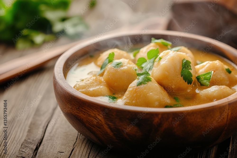Dumplings in Wooden Bowl Steaming, Parsley, on Rustic Table, Close-up, Creamy Sauce Dumplings in Wooden Bowl Steaming, Parsley, on Rustic Table, Close-up, Creamy Sauce