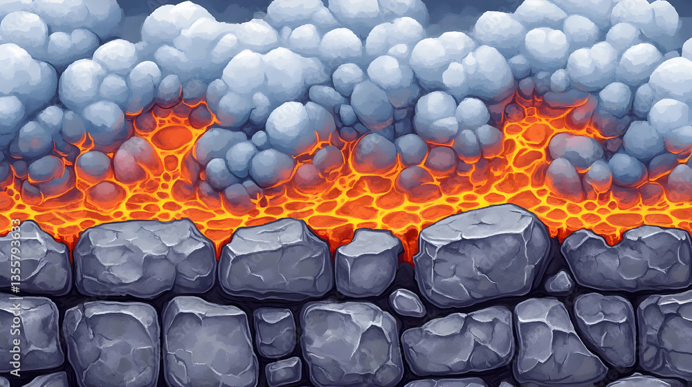 Fototapeta premium Lava Flowing Over Stone Wall Pixel Art