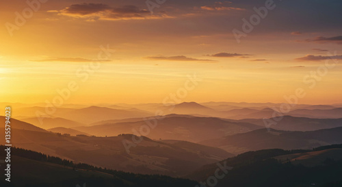 Golden hour over layered mountain ranges scenic landscape