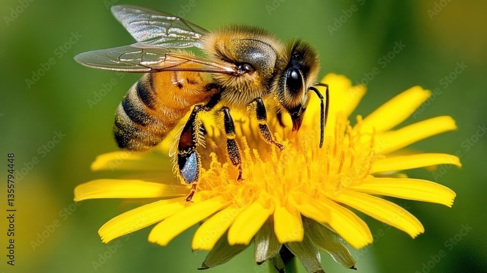 Honeybee foraging on bright yellow dandelion bloom in outdoor meadow, soft green bokeh background Honeybee foraging on bright yellow dandelion bloom in outdoor meadow, soft green bokeh background