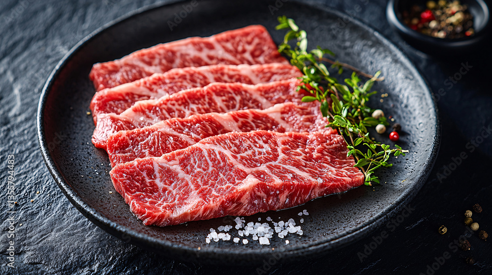 Slices of Fresh Marbled Beef Meat on a Black Plate with Herbs and Coarse Salt Culinary Presentation Slices of Fresh Marbled Beef Meat on a Black Plate with Herbs and Coarse Salt Culinary Presentation