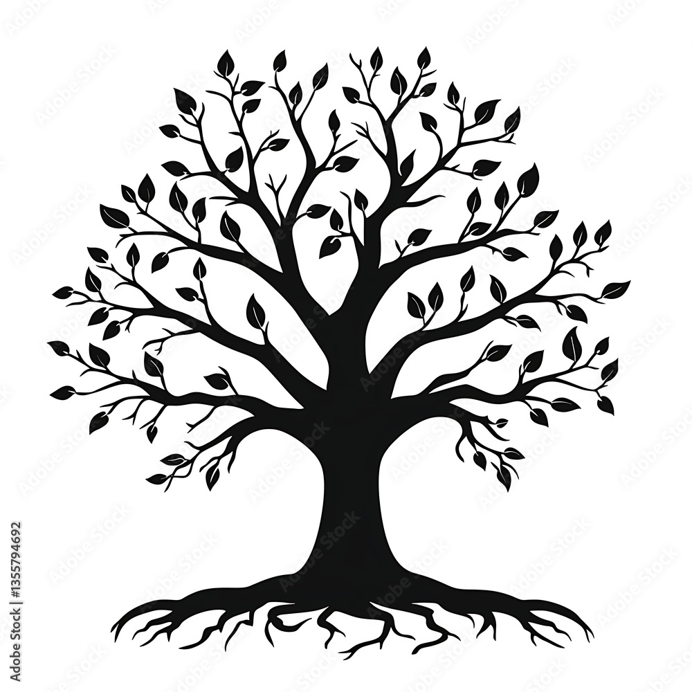 Fototapeta premium Black Tree Silhouette with Roots, and Leaves.