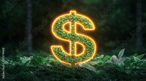 Sustainable Investment Green Dollar Symbol Illuminates Forest Ground for Ethical Growth Vision