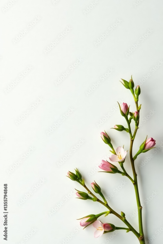 Fototapeta premium Delicate branches with leaves on a white background, flowers, organic, greenery