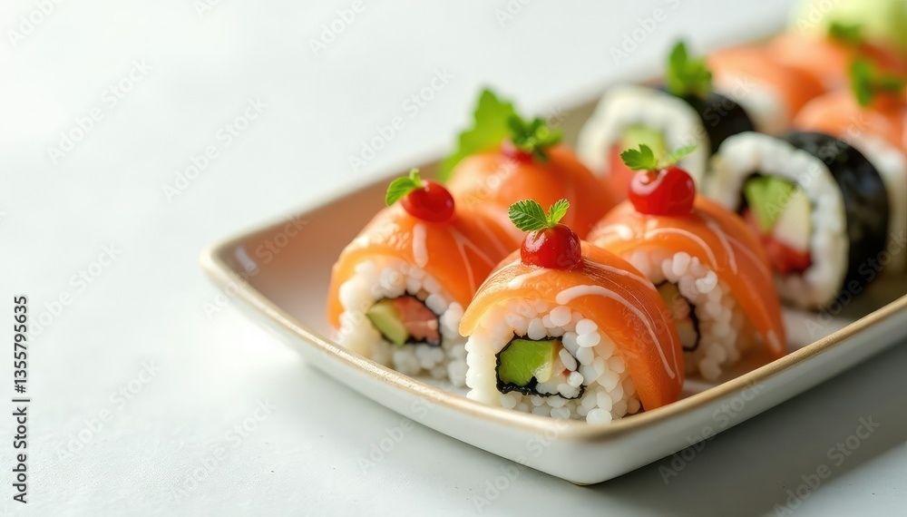 Elegant sushi arrangement, pristine white backdrop, soy sauce, restaurant Elegant sushi arrangement, pristine white backdrop, soy sauce, restaurant